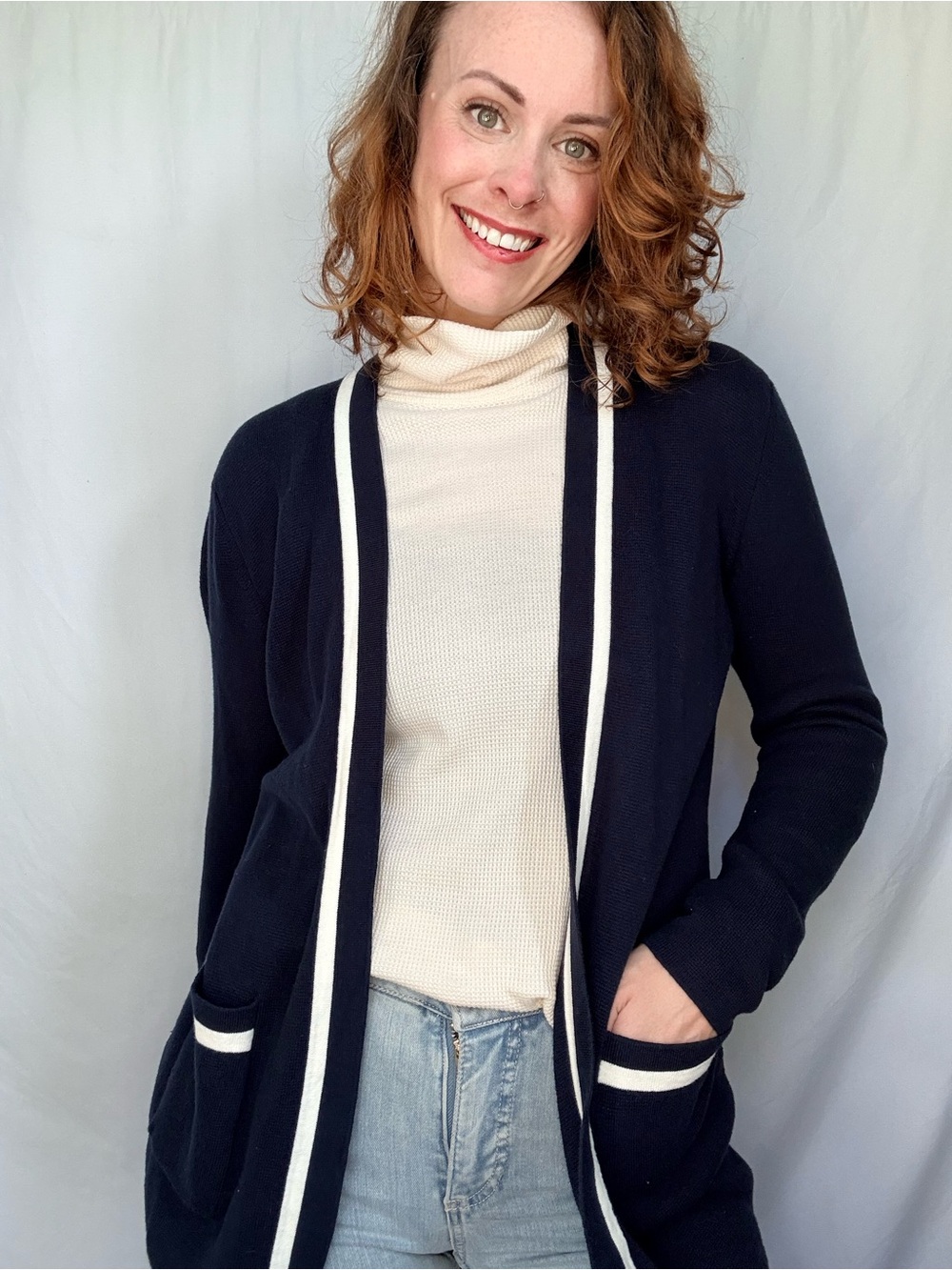 J. Crew Navy Cardigan with White Trim Open Front